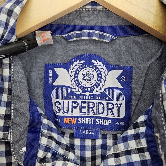 Superdry Button-Down Shirt Men's Size L Blue White Black Plaid Short Sleeve - Picture 3 of 10